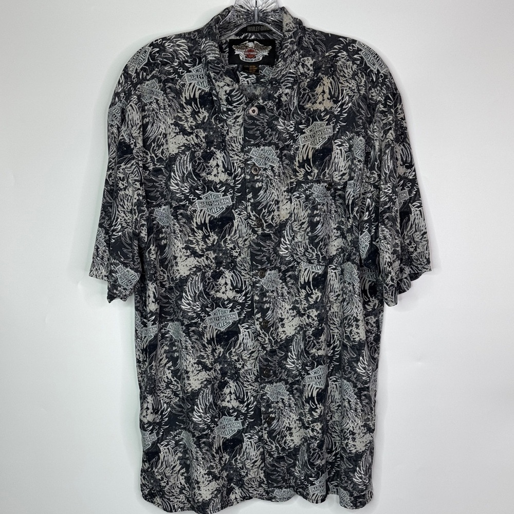 Vintage Harley Davidson Hawaiian Short Sleeve Black White Button Up Shirt Large